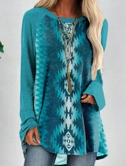 Best Women's T Shirt Vintage Casual Print Long Sleeve Long Tops Crew Neck Daily Spring & Fall Women Boho Tops