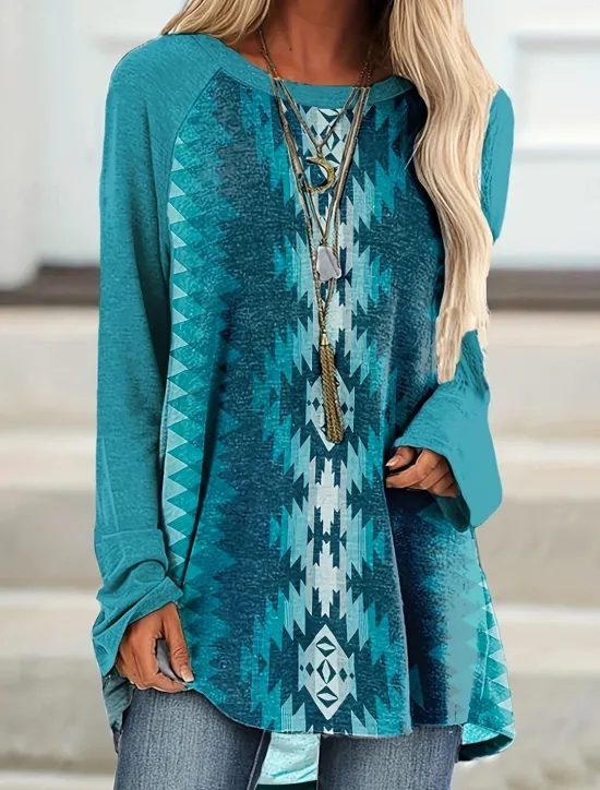 Best Women's T Shirt Vintage Casual Print Long Sleeve Long Tops Crew Neck Daily Spring & Fall Women Boho Tops