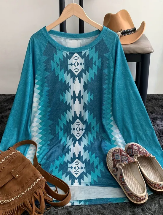 Best Women's T Shirt Vintage Casual Print Long Sleeve Long Tops Crew Neck Daily Spring & Fall Women Boho Tops