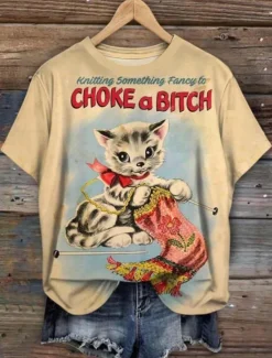 Women's T Shirt Vintage Casual Short Sleeve Round Neck Regular Tops Daily Print Summer Women T-Shirts