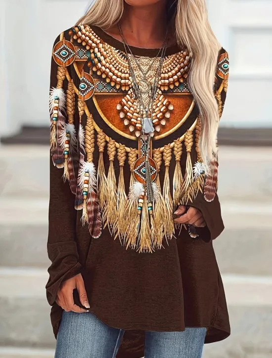 Hot Women's T Shirt Vintage Ethnic Print Long Sleeve Regular Tops Crew Neck Vacation Spring Fall Women Boho Tops