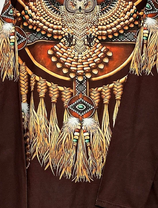 Hot Women's T Shirt Vintage Ethnic Print Long Sleeve Regular Tops Crew Neck Vacation Spring Fall Women Boho Tops