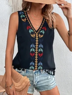 Sale Women's Tank Top Casual Sleeveless V Neck Regular Tops Daily Print Black White Pink off-white Summer Women Boho Tops