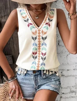Sale Women's Tank Top Casual Sleeveless V Neck Regular Tops Daily Print Black White Pink off-white Summer Women Boho Tops
