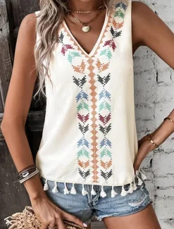 Sale Women's Tank Top Casual Sleeveless V Neck Regular Tops Daily Print Black White Pink off-white Summer Women Boho Tops
