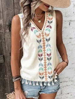 Sale Women's Tank Top Casual Sleeveless V Neck Regular Tops Daily Print Black White Pink off-white Summer Women Boho Tops