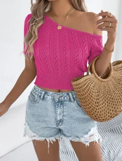 Online Women's Tank Top Solid Color Daily Casual Short Sleeve Cold Shoulder Regular Tops Daily Beach Wear Black White Fuchsia Orange Khaki Summer Spring Women Pullovers & Tops