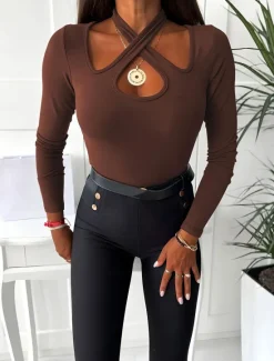 Online Women's Tank Top Solid Color Stylish Long Sleeve Asymmetric Neck Crop Tops Daily Black Blue Brown Spring Women T-Shirts