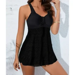 New Women's Tankini Two Piece Swimsuit Lace Swimwear Solid Colored Swimwear Black Sky Blue Breathable Quick Dry Lightweight Sleeveless - Swimming Surfing Beach Summer Spring Plus Size Women One-Pieces