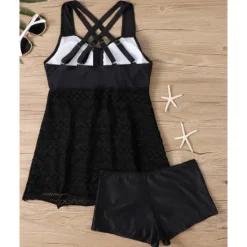 New Women's Tankini Two Piece Swimsuit Lace Swimwear Solid Colored Swimwear Black Sky Blue Breathable Quick Dry Lightweight Sleeveless - Swimming Surfing Beach Summer Spring Plus Size Women One-Pieces