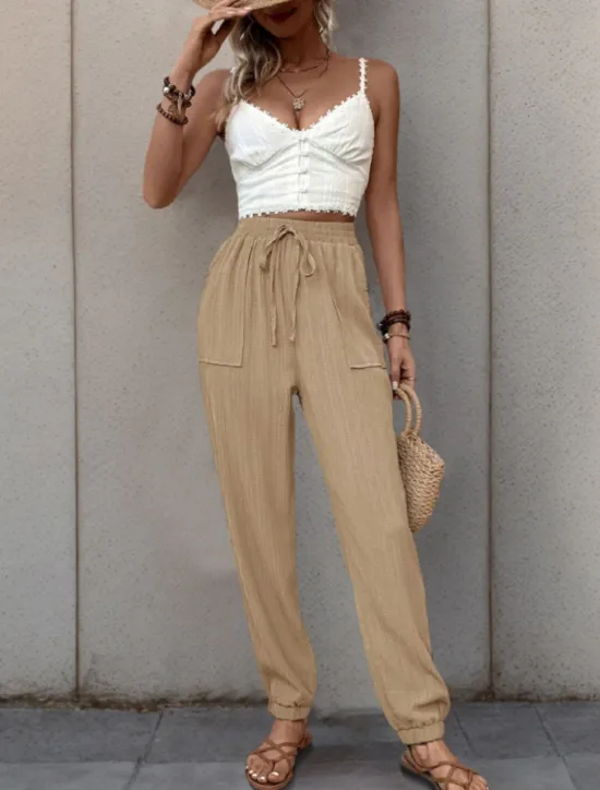Best Women's Tapered pants Chinos Fashion Streetwear Full Length High Waist Plain Pocket Elastic Waistband Comfy Soft Comfortable Micro-elastic Outdoor Street Black Green Khaki Spring & Fall Regular Fit Women Pants