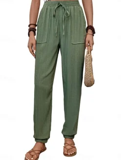 Best Women's Tapered pants Chinos Fashion Streetwear Full Length High Waist Plain Pocket Elastic Waistband Comfy Soft Comfortable Micro-elastic Outdoor Street Black Green Khaki Spring & Fall Regular Fit Women Pants