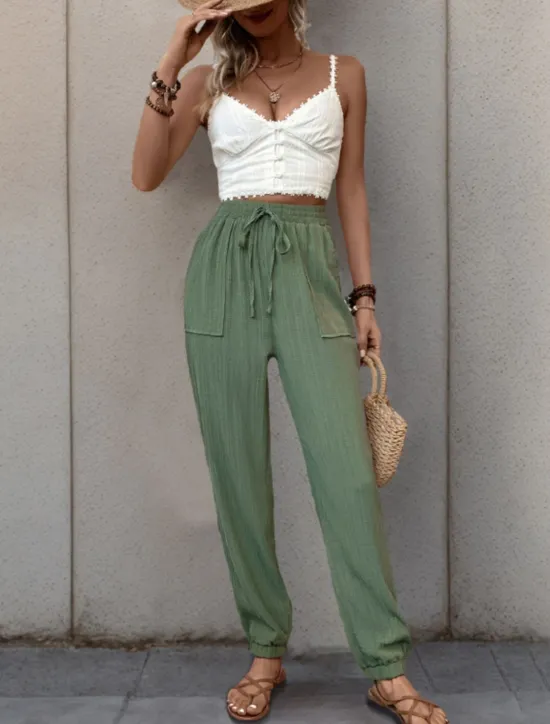 Best Women's Tapered pants Chinos Fashion Streetwear Full Length High Waist Plain Pocket Elastic Waistband Comfy Soft Comfortable Micro-elastic Outdoor Street Black Green Khaki Spring & Fall Regular Fit Women Pants