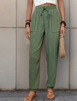 Best Women's Tapered pants Chinos Fashion Streetwear Full Length High Waist Plain Pocket Elastic Waistband Comfy Soft Comfortable Micro-elastic Outdoor Street Black Green Khaki Spring & Fall Regular Fit Women Pants