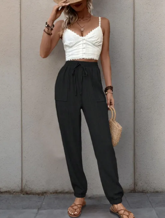 Best Women's Tapered pants Chinos Fashion Streetwear Full Length High Waist Plain Pocket Elastic Waistband Comfy Soft Comfortable Micro-elastic Outdoor Street Black Green Khaki Spring & Fall Regular Fit Women Pants