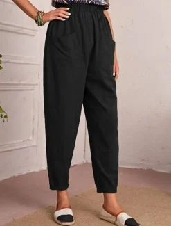 New Women's Tapered pants Chinos Fashion Streetwear Basic Ankle-Length Medium Waist Plain Pocket Elastic Waist Comfort Outdoor Micro-elastic Vacation Street Daily Navy Black Khaki Army Green Summer Spring Women Pants
