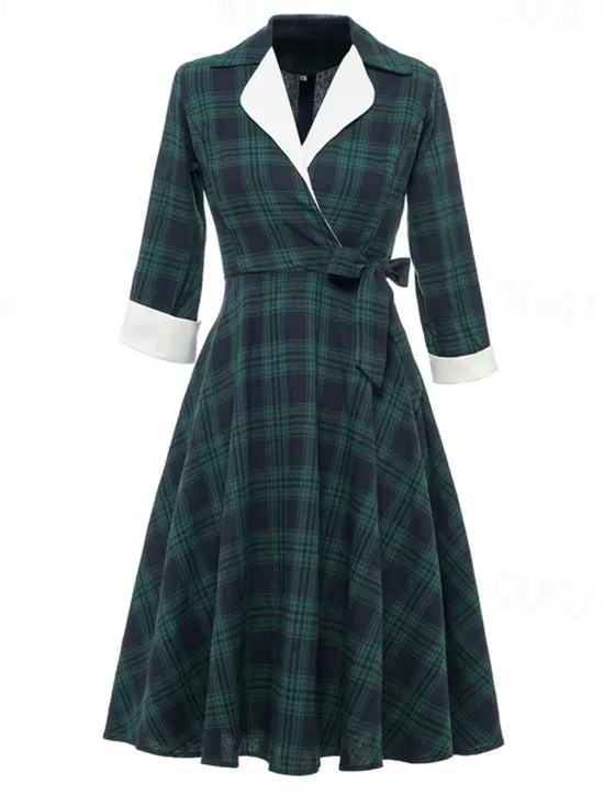 New Women's Tartan Dress Swing Dress Plaid Dress Vintage Dress Red Long Sleeve Plaid Lace up Winter Fall Shirt Collar Mature Winter Dress Fall Dress 2022 S M L XL XXL Women Work Dresses