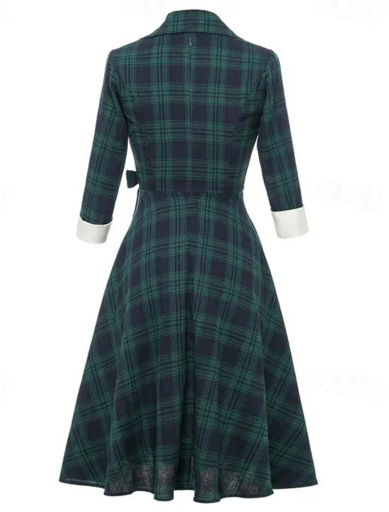 New Women's Tartan Dress Swing Dress Plaid Dress Vintage Dress Red Long Sleeve Plaid Lace up Winter Fall Shirt Collar Mature Winter Dress Fall Dress 2022 S M L XL XXL Women Work Dresses