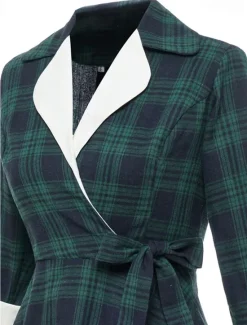 New Women's Tartan Dress Swing Dress Plaid Dress Vintage Dress Red Long Sleeve Plaid Lace up Winter Fall Shirt Collar Mature Winter Dress Fall Dress 2022 S M L XL XXL Women Work Dresses