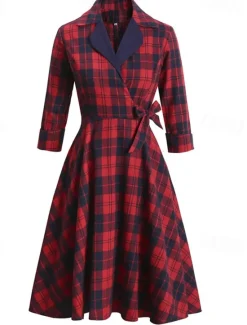 New Women's Tartan Dress Swing Dress Plaid Dress Vintage Dress Red Long Sleeve Plaid Lace up Winter Fall Shirt Collar Mature Winter Dress Fall Dress 2022 S M L XL XXL Women Work Dresses
