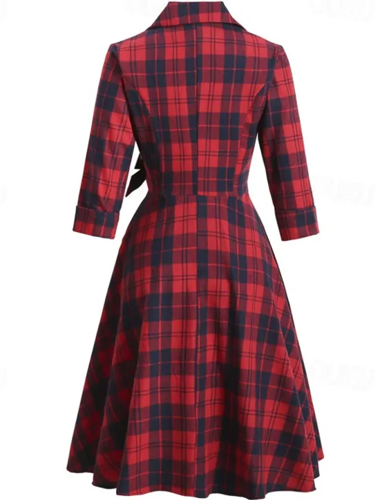 New Women's Tartan Dress Swing Dress Plaid Dress Vintage Dress Red Long Sleeve Plaid Lace up Winter Fall Shirt Collar Mature Winter Dress Fall Dress 2022 S M L XL XXL Women Work Dresses