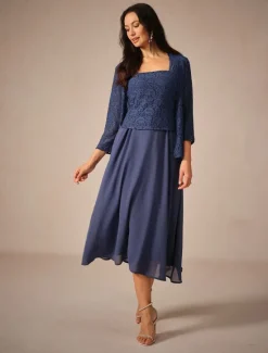 Discount Women's Tea Length A Line Dress Dress With Jacket Elegant Semi Formal Wedding Guest Regular Fit Solid Color 3/4 Length Sleeve Square Neck Summer Spring Fall Women Cocktail Dress