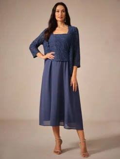 Discount Women's Tea Length A Line Dress Dress With Jacket Elegant Semi Formal Wedding Guest Regular Fit Solid Color 3/4 Length Sleeve Square Neck Summer Spring Fall Women Cocktail Dress