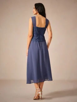 Discount Women's Tea Length A Line Dress Dress With Jacket Elegant Semi Formal Wedding Guest Regular Fit Solid Color 3/4 Length Sleeve Square Neck Summer Spring Fall Women Cocktail Dress
