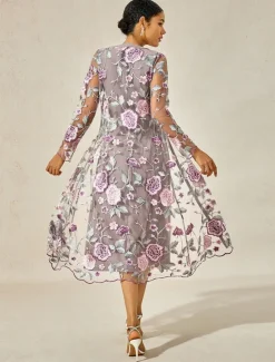Sale Women's Tea Length Cocktail Dress Dress Set Wedding Guest Dress A Line Dress Elegant Formal Wedding Party Regular Fit Floral Long Sleeve Crew Neck Summer Spring Fall Women Cocktail Dress