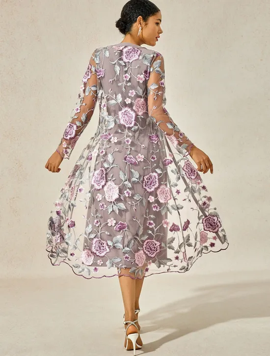 Sale Women's Tea Length Cocktail Dress Dress Set Wedding Guest Dress A Line Dress Elegant Formal Wedding Party Regular Fit Floral Long Sleeve Crew Neck Summer Spring Fall Women Cocktail Dress