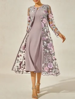 Sale Women's Tea Length Cocktail Dress Dress Set Wedding Guest Dress A Line Dress Elegant Formal Wedding Party Regular Fit Floral Long Sleeve Crew Neck Summer Spring Fall Women Cocktail Dress