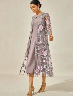 Sale Women's Tea Length Cocktail Dress Dress Set Wedding Guest Dress A Line Dress Elegant Formal Wedding Party Regular Fit Floral Long Sleeve Crew Neck Summer Spring Fall Women Cocktail Dress