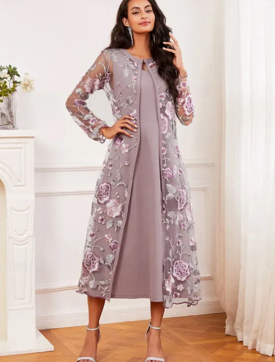 Sale Women's Tea Length Cocktail Dress Dress Set Wedding Guest Dress A Line Dress Elegant Formal Wedding Party Regular Fit Floral Long Sleeve Crew Neck Summer Spring Fall Women Cocktail Dress