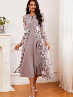 Sale Women's Tea Length Cocktail Dress Dress Set Wedding Guest Dress A Line Dress Elegant Formal Wedding Party Regular Fit Floral Long Sleeve Crew Neck Summer Spring Fall Women Cocktail Dress