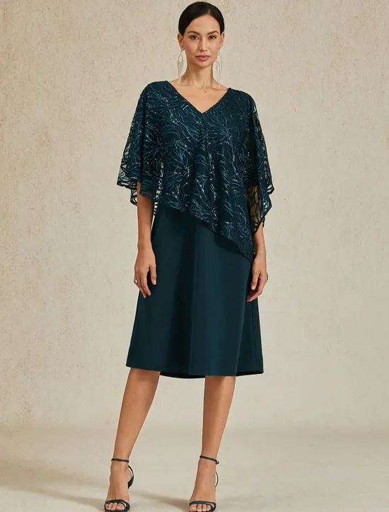 Women's Tea Length Formal Dress A Line Dress Cape Dress Elegant Wedding Wedding Guest Cocktail Party Regular Fit Plain Half Sleeve V Neck Summer Spring Fall Women Cocktail Dress