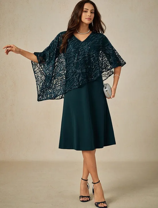 Women's Tea Length Formal Dress A Line Dress Cape Dress Elegant Wedding Wedding Guest Cocktail Party Regular Fit Plain Half Sleeve V Neck Summer Spring Fall Women Cocktail Dress