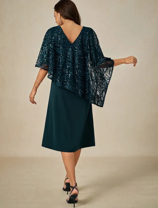 Women's Tea Length Formal Dress A Line Dress Cape Dress Elegant Wedding Wedding Guest Cocktail Party Regular Fit Plain Half Sleeve V Neck Summer Spring Fall Women Cocktail Dress