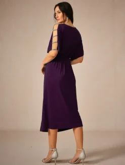 Hot Women's Tea Length Knit Dress Elegant Stylish Party Date Regular Fit Solid Color Short Sleeve V Neck Summer Women Cocktail Dress