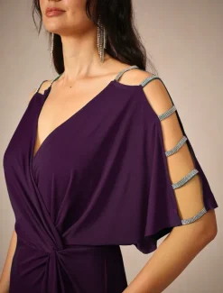 Hot Women's Tea Length Knit Dress Elegant Stylish Party Date Regular Fit Solid Color Short Sleeve V Neck Summer Women Cocktail Dress