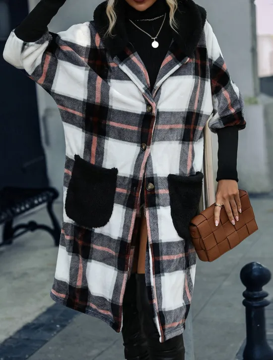 Online Women's Teddy Coat Coat Warm Pocket Fashion Casual Plaid Work Street Single Breasted Lapel Loose Fit Long Sleeve Outerwear Fall Winter Women Coats & Trench Coats