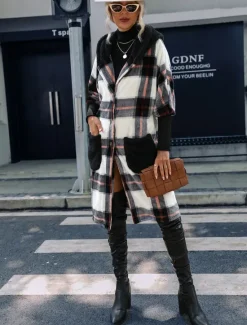 Online Women's Teddy Coat Coat Warm Pocket Fashion Casual Plaid Work Street Single Breasted Lapel Loose Fit Long Sleeve Outerwear Fall Winter Women Coats & Trench Coats