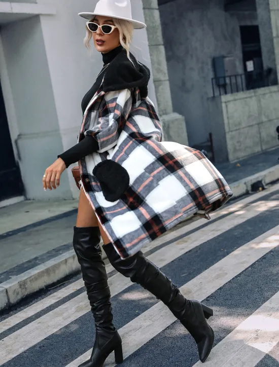 Online Women's Teddy Coat Coat Warm Pocket Fashion Casual Plaid Work Street Single Breasted Lapel Loose Fit Long Sleeve Outerwear Fall Winter Women Coats & Trench Coats