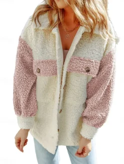 Clearance Women's Teddy Coat Hoodie Jacket Warm Breathable Pocket Fleece Lined Casual Plain Vacation Street Daily Wear Going out Single Breasted Regular Turndown Regular Fit Long Sleeve Outerwear Pink Brown Women Coats & Trench Coats