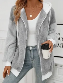 Best Women's Teddy Coat Hoodie Jacket Outdoor Street Daily Wear Fall Winter Regular Coat Regular Fit Thermal Warm Breathable Stylish Casual Jacket Long Sleeve Plain with Pockets Full Zip Women Jackets