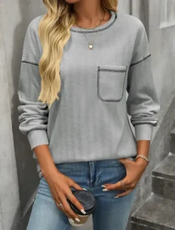 New Women's Texture Sweatshirt T Shirt Plain Fashion Modern Casual Long Sleeve Crew Neck Regular Tops Daily Weekend Pocket Beige Gray Summer Spring Women Hoodies & Sweatshirts