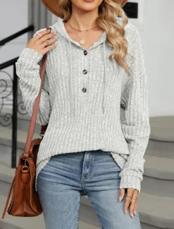 Online Women's Texture Sweatshirt Pullover Hoodie Sweatshirt Plain Casual Long Sleeve Hooded Regular Tops Street Dailywear Buttons Blue Fuchsia Gray Spring Fall Women Hoodies & Sweatshirts