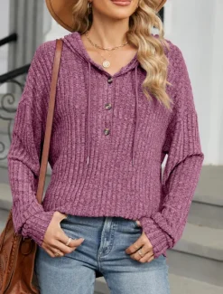 Online Women's Texture Sweatshirt Pullover Hoodie Sweatshirt Plain Casual Long Sleeve Hooded Regular Tops Street Dailywear Buttons Blue Fuchsia Gray Spring Fall Women Hoodies & Sweatshirts
