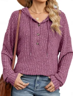 Online Women's Texture Sweatshirt Pullover Hoodie Sweatshirt Plain Casual Long Sleeve Hooded Regular Tops Street Dailywear Buttons Blue Fuchsia Gray Spring Fall Women Hoodies & Sweatshirts