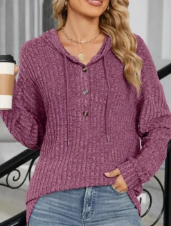 Online Women's Texture Sweatshirt Pullover Hoodie Sweatshirt Plain Casual Long Sleeve Hooded Regular Tops Street Dailywear Buttons Blue Fuchsia Gray Spring Fall Women Hoodies & Sweatshirts
