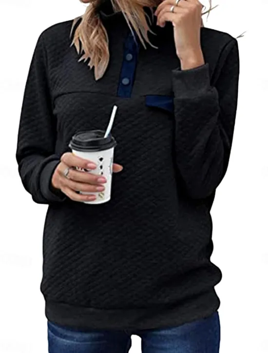 Hot Women's Texture Sweatshirt Waffle Sweatshirt Casual Plain Dailywear Turtleneck Buttons Long Sleeve Black Pink Gray Fall Winter Women Hoodies & Sweatshirts